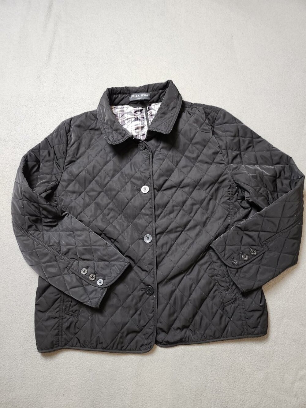 Della Spiga Black Quilted Jacket Plaid Lined Women's XL Button Front